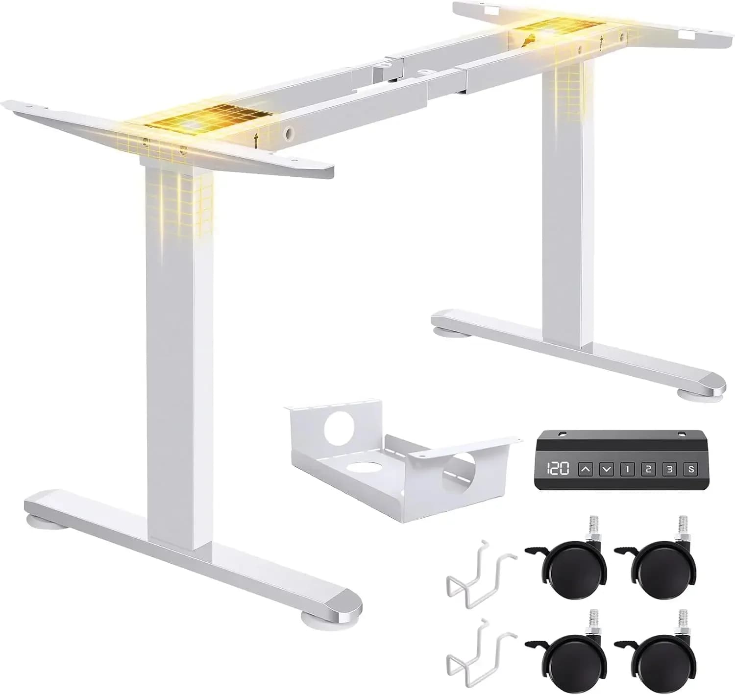 Electric Standing Desk Frame with Cable Management Tray, Wheels & Hooks, Heavy Duty Dual Motor Stand Up Desk Dual-Beam