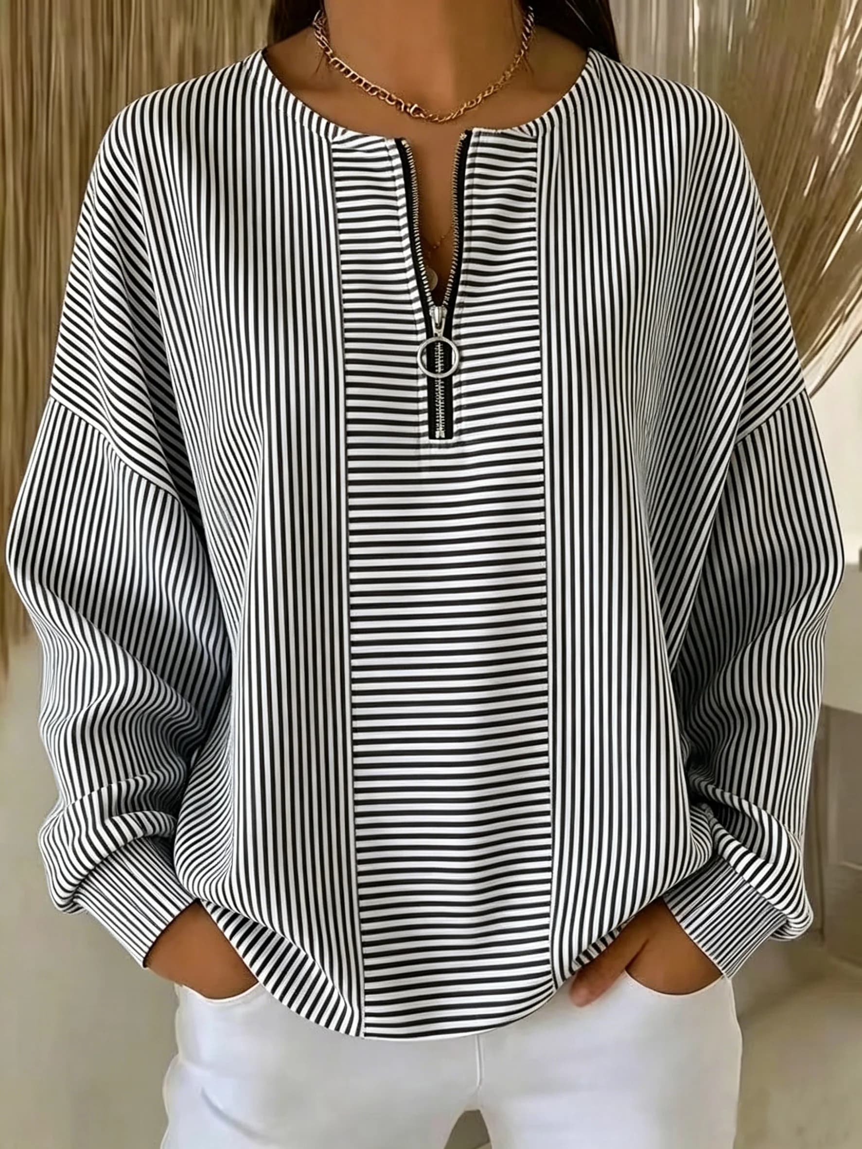 Plus Size Women Striped Long Sleeve Blouse Fall Winter Zip V Neck Loose Oversized Shirt Casual Daily Wear Tops