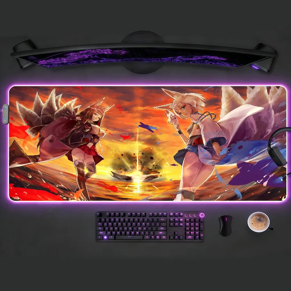 Tappetino per mouse Azur Lane Kaga Akagi RGB LED, tappetino da scrivania antiscivolo, accessori da gioco in gomma, tappetino grande XXL per tastiera da ufficio e computer
