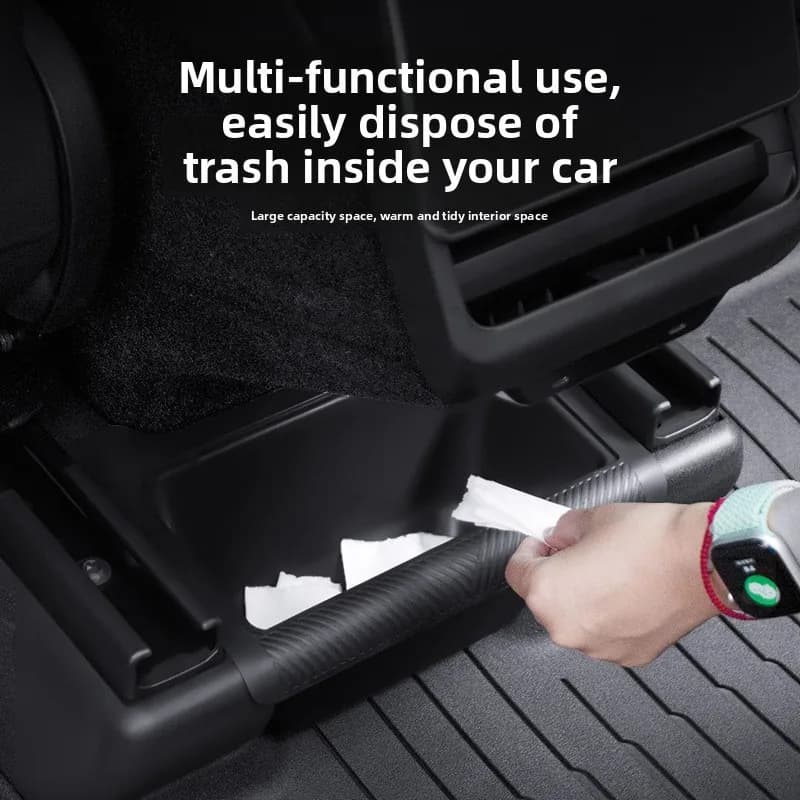 2-in-1 Rear Seat Storage Box & Trash Can for Tesla Model Y 2020-2026 Center Console Organizer with Anti-Slip Lid, TPE Backseat