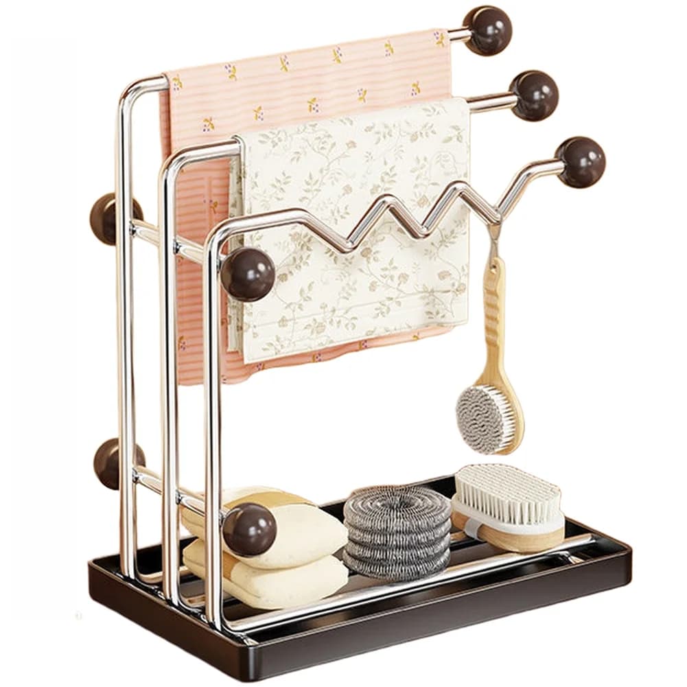 Organizzatore multifunzionale da cucina per piano di lavoro con portasciugamani a 3 barre e vassoio raccogligocce per spugne e strumenti per la pulizia