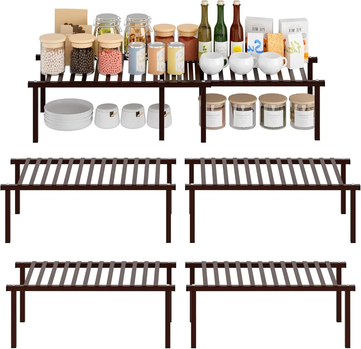 Set di 4 Organizzatori Espandibili per Armadi da Cucina, Ripiani Metallici Regolabili per Spezie e Stoccaggio