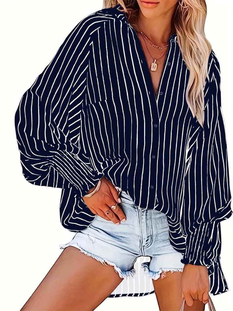Women's long-sleeved shirt with buttons size 1XL-5XL Casual fashionable breathable shirt with striped V neckline