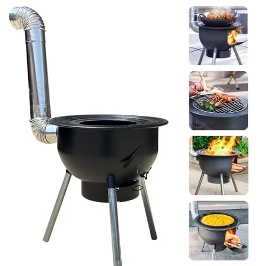Stufa a Legna Multifunzione con Griglia, Grande Barbecue Portatile a Carbone per Cucina all'Aperto/Giardino, in Metallo Nero per Campeggio