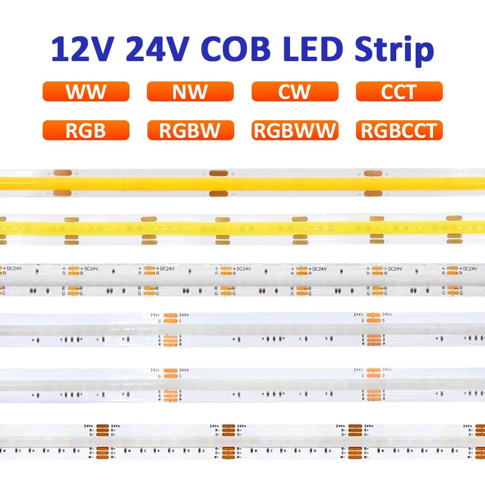 5M 12V 24V COB LED Strip Light RGB RGBW RGBCCT CCT Nastro flessibile 320LED 784LED 840LED Lampada lineare bianca naturale calda e fredda