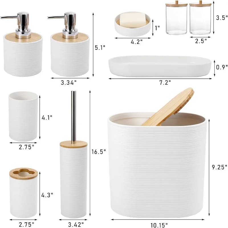Set da bagno bianco, set di accessori da bagno bianco con pattumiera, dispenser di sapone da 2 pezzi, portasapone, portaspazzolino, spazzolino da denti