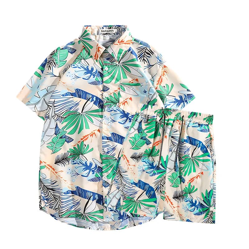 Cartoon Novelty seaside beach calligraphy plants 3D Print shirt +Shorts Short Sleeve Flip collar shirts half pants Two Piece Set