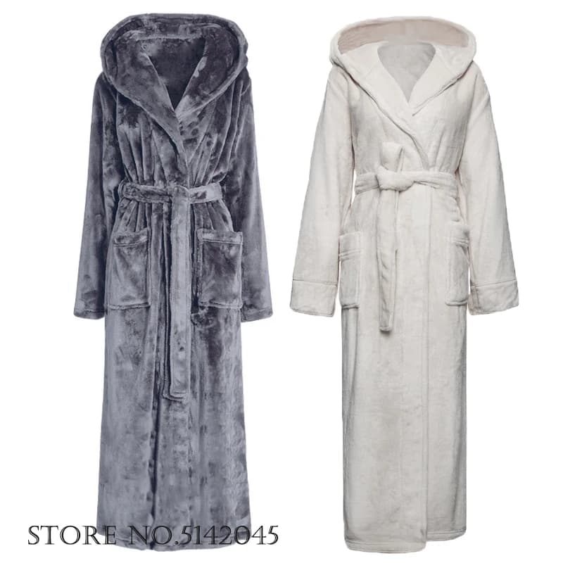 Dress with hood in flannel thickened torque long dress autumn winter warm night dresses in coral fleece loose night shirt Home Wear