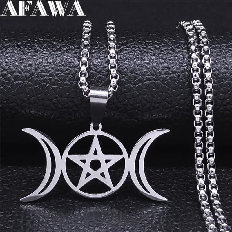 Triple Moon Goddess Wicca Pentagram Necklace Stainless Steel Witch Chain Necklaces Women Jewelry Collares De Acero Inoxida N3873