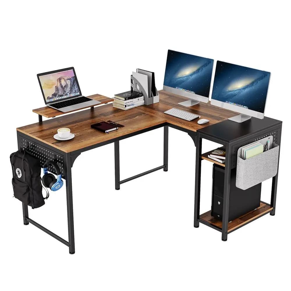 Scrivania a L reversibile con supporto per monitor, scrivania angolare da 58x47 pollici, tavolo per computer da studio con ripiani portaoggetti per casa