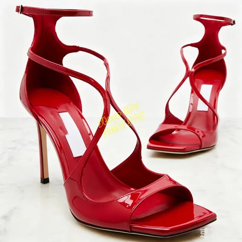 Red Glossy Patent Leather High Heel Sandals Square Toe Cross Strap Ankle Buckle Strap Handmade Runway 2026 Summer Spring Shoes