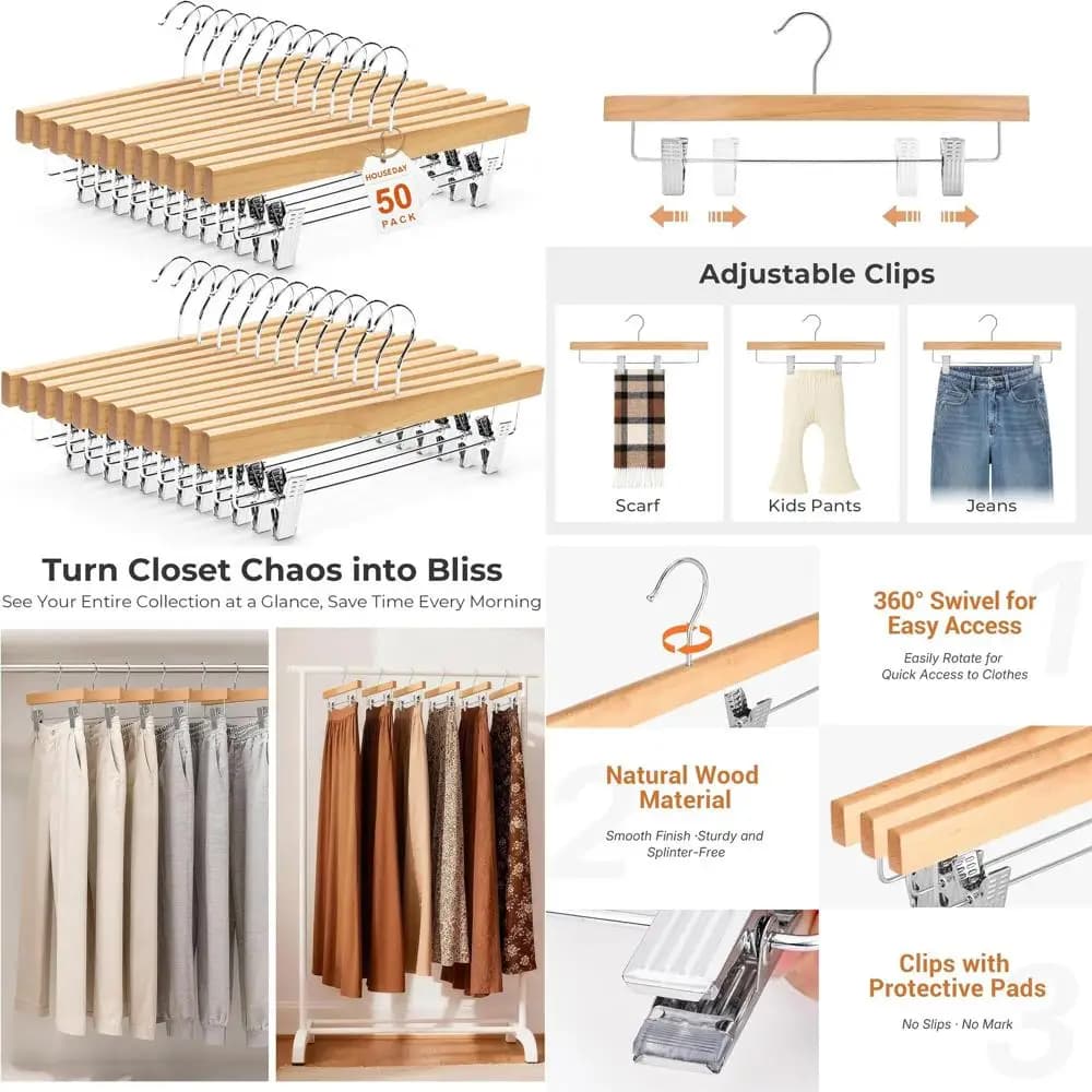 Confezione da 50 appendiabiti in legno con clip regolabili, in legno di loto resistente per pantaloni, jeans, shorts (Naturale)