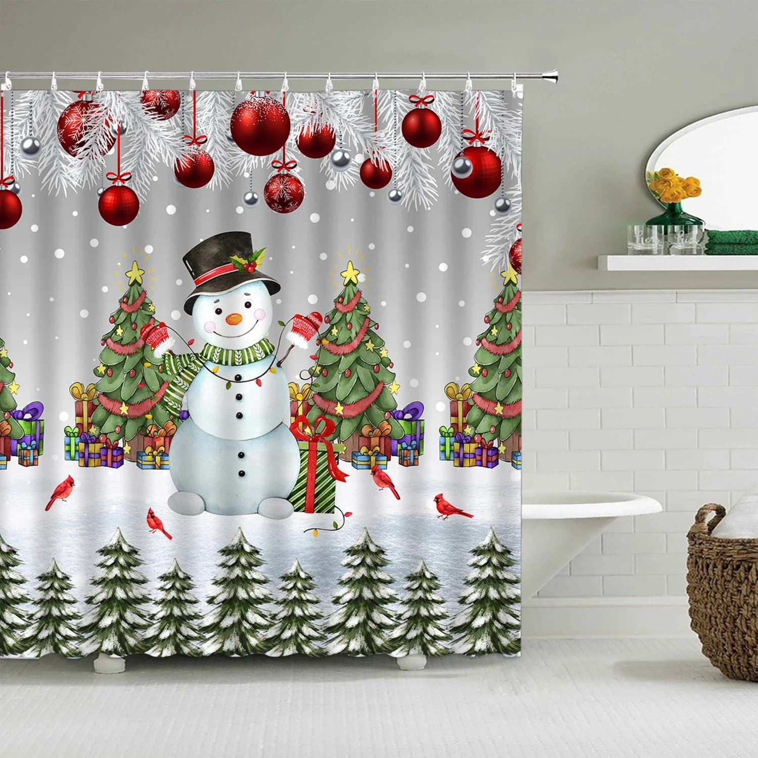 Tenda da doccia natalizia senza cornice Pupazzo di neve invernale Fiocco di neve Albero di Natale Camion rosso Campana Uccello rosso Palla di Natale colorata Bathro