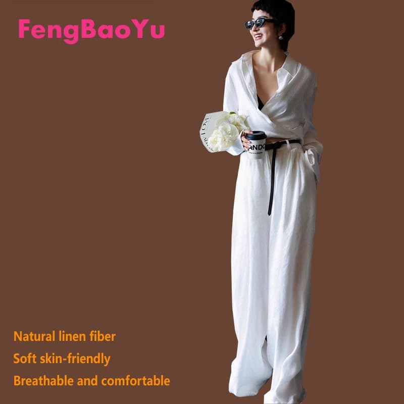 Fengbaoyu 100% linen natural women's blouse wide leg pants set comfortable and wide dress from fashionable woman