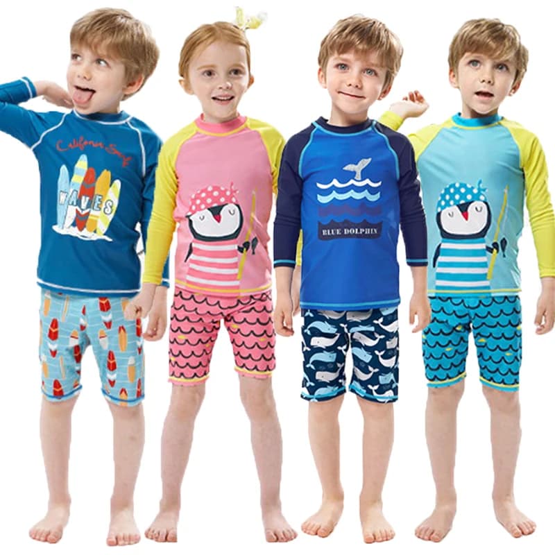 Costume da bagno per bambini con stampa di delfini, 2 pezzi, a maniche lunghe, ad asciugatura rapida, con protezione UV, per ragazzi