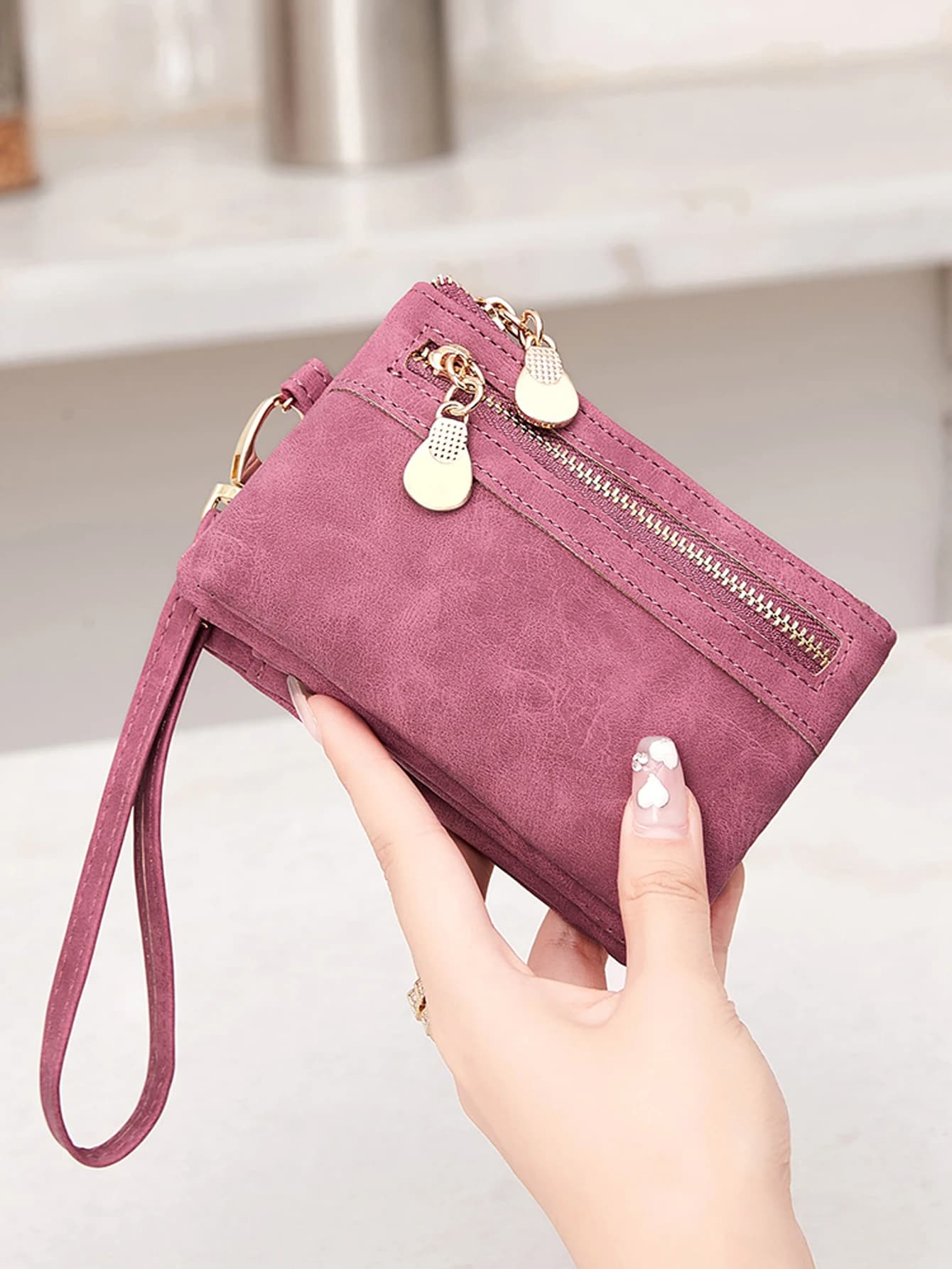 Retro double fold PU leather short wallet with zipper coin pocket multiple card slots and wrist band casual portable card clip