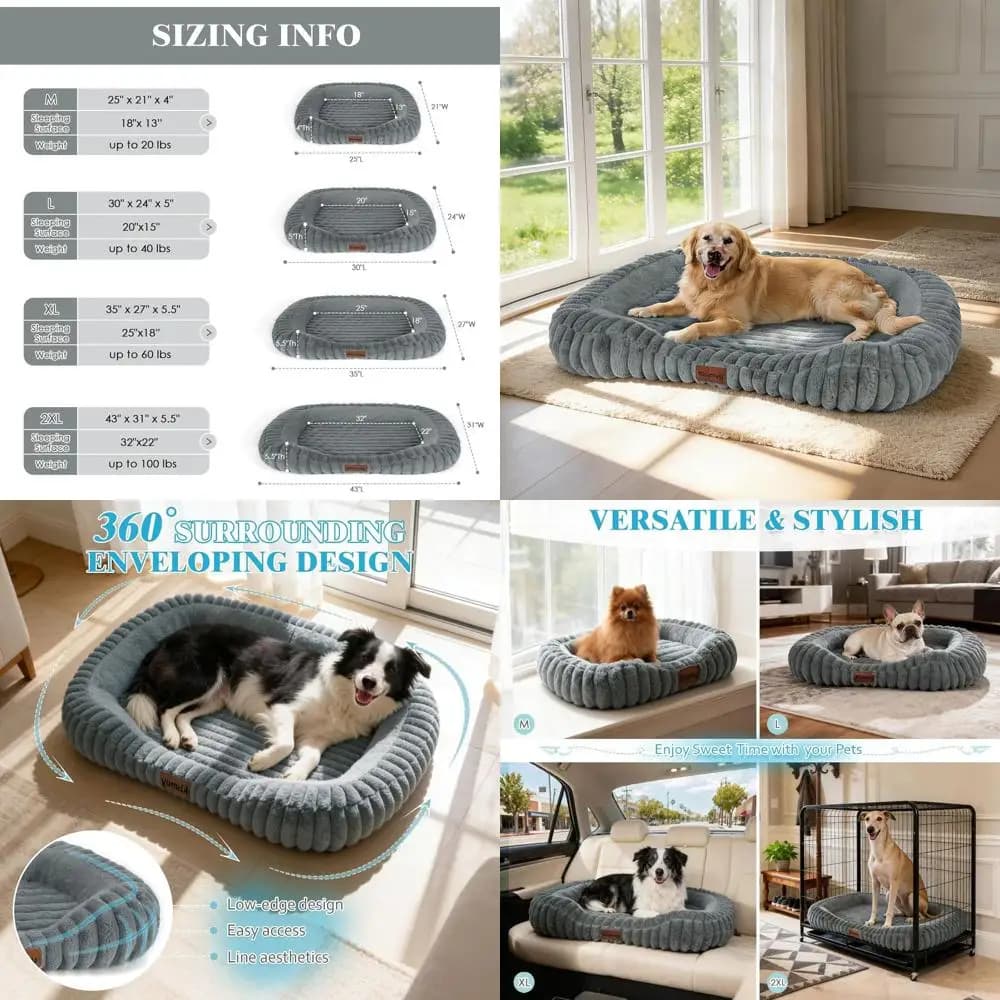 Letto Ortopedico Grande per Cani con Memory Foam, Rivestimento in Peluche e Base Antiscivolo, 43x31x5.5, Grigio