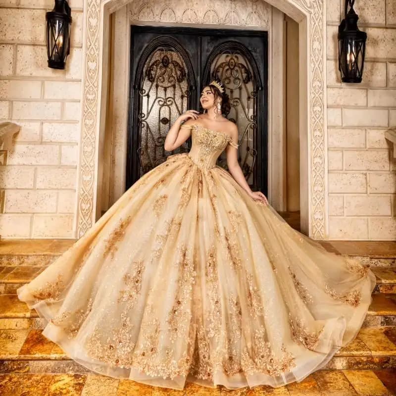 Personalizzato lucido champagne oro abito Quinceanera pizzo cristallo tull pizzo fiore 3D abiti da 15 Quinceanera
