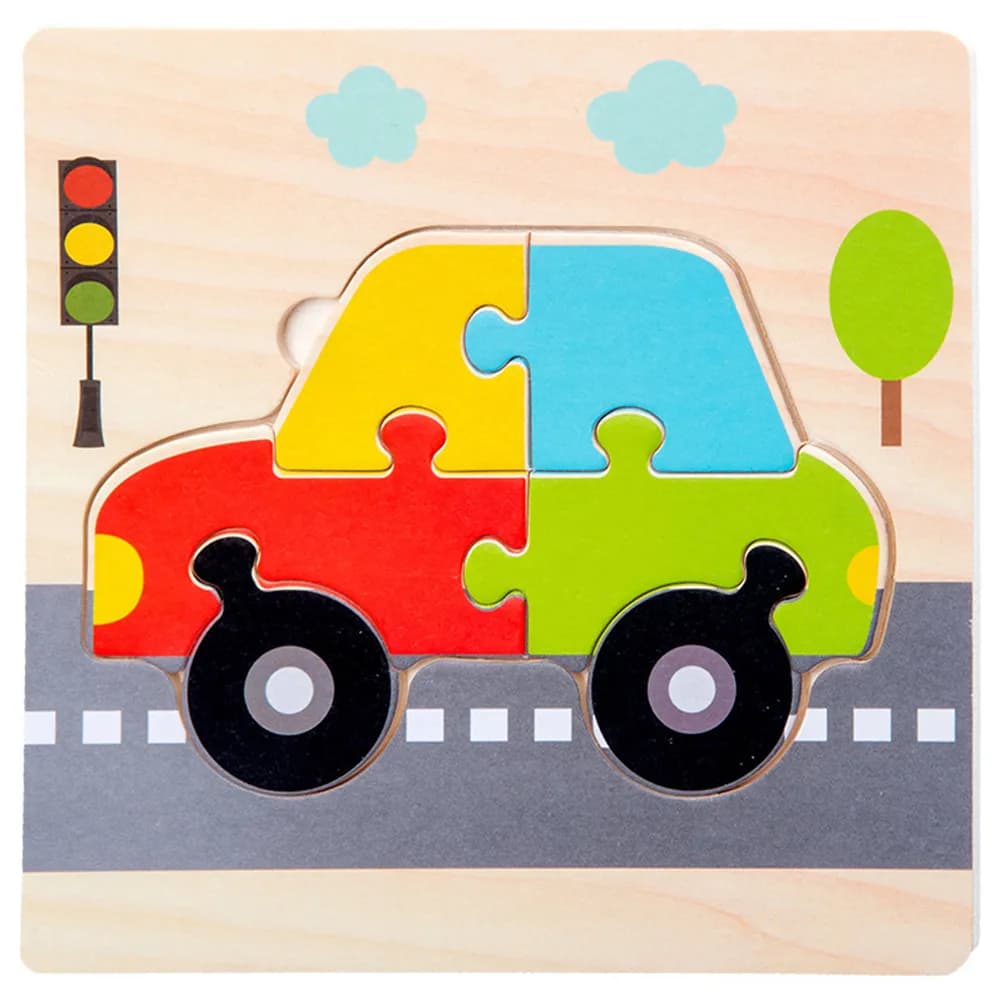 Set di 5 Puzzle in Legno Premium per Bambini, Tema Veicoli Cartoon, Gioco Educativo 3D con Auto, Aereo, Locomotiva, Razzo e Astronave