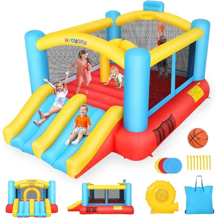 Inflatable Bounce House for 3-12 12.3FTx9FT Bounce House for Obstacles with Double Running Slide Basketball Circle Inflatable Castle Jump Hous