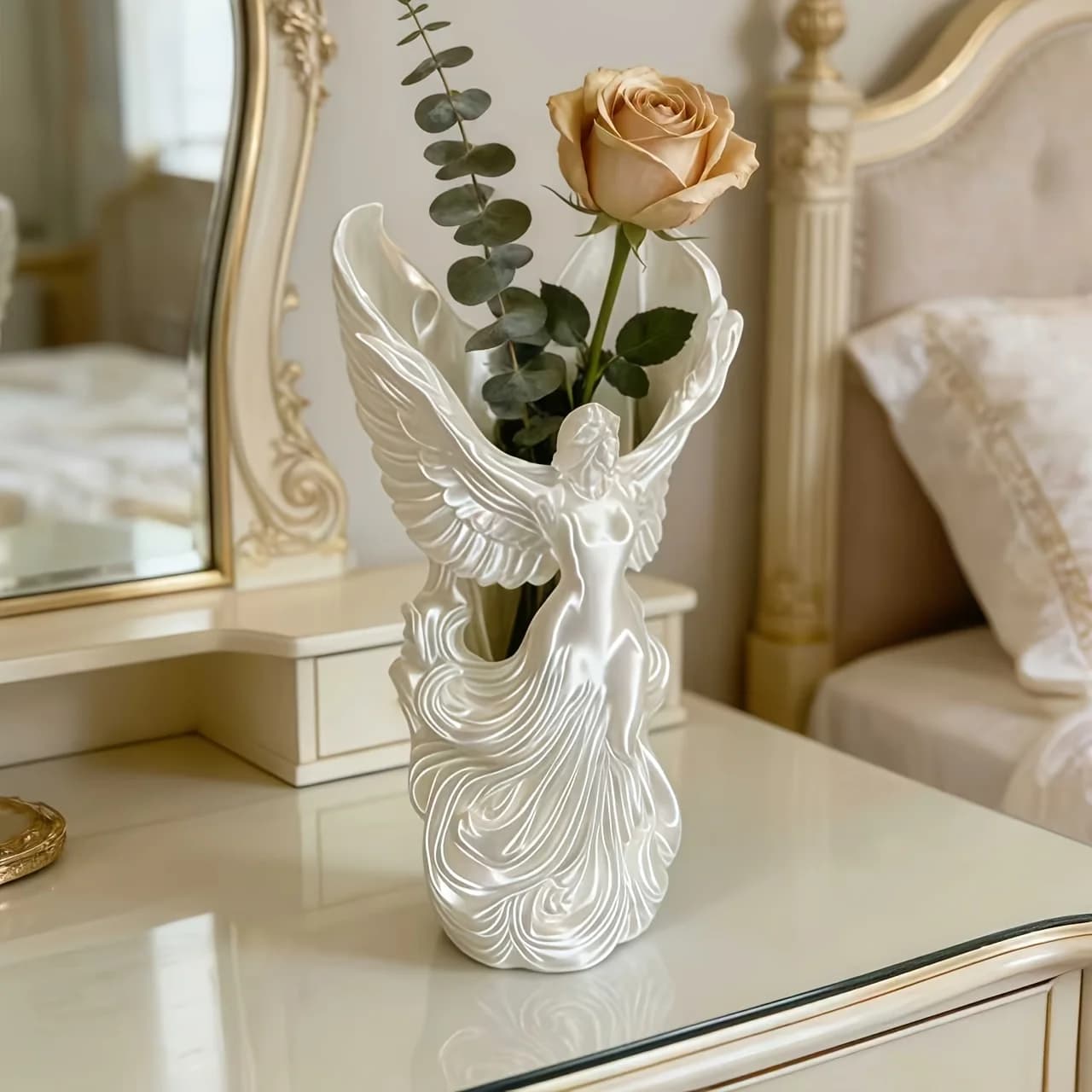 Vaso con Ali d'Angelo Stampato in 3D, Organizzatore da Scrivania, Porta Pennelli e Penne, Elegante Vaso per Fiori Secchi, Decorazione Artistica per Tavolo da Toeletta
