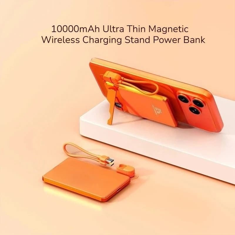 Power Bank Ultra Sottile da 10000mAh con Supporto di Ricarica Wireless, Ricarica Rapida Bidirezionale PD 20W con Cordino