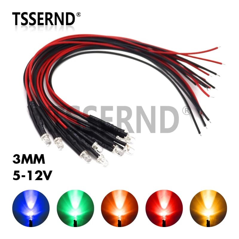 10 PZ 3mm LED 5-12 V 20 cm Precablato Bianco Blu Rosso Verde Giallo UV RGB Diodo Lampada Decorazione Diodi Emettitori di Luce Pre-saldati