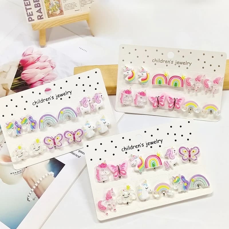 Clip earring not penetrating with rainbow unicorn butterfly for children, girls, children, Christmas gift 6PRS/SET