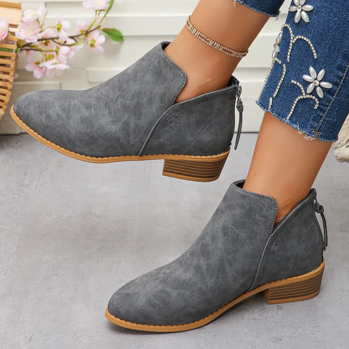 Women's Fashion Mid Heel Ankle Boots Autumn 2025 Back Zip PU Leather Short Boots Women Lightweight Non Slip Casual Botas Mujer
