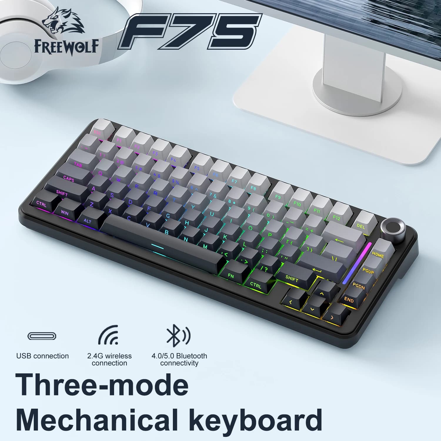 Tastiera meccanica F75 Gaming Tastiera wireless FREEWOLF F75 con manopola in metallo, RGB/Swap a caldo/4000 mAh ad alta potenza
