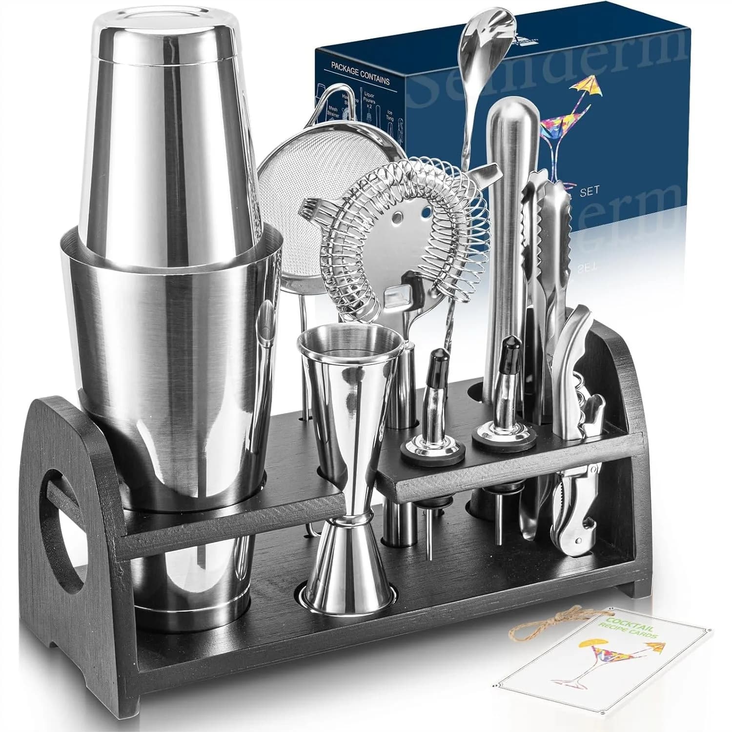 Set Shaker per Cocktail con Supporto, Contenitori in Acciaio Inox 18/8 Resistente, Colino a Maglia Fine e Jigger - Perfetto per la Bartending Domestica