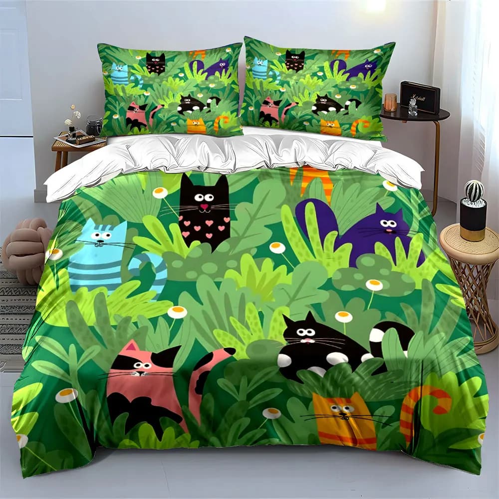 Set di biancheria da letto decorativa con motivo gatto colorato, con 1 copripiumino e 2 federe, singolo, matrimoniale, king, queen, regalo