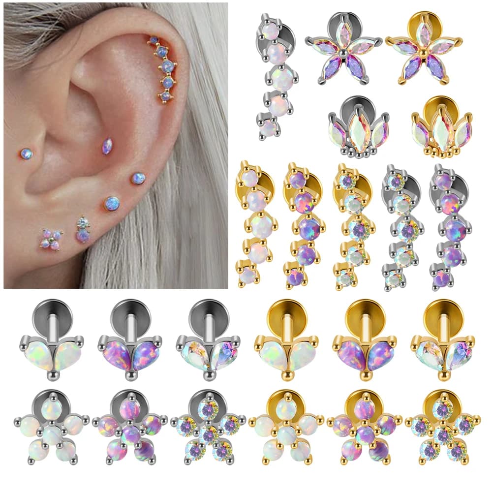 1PC Stainless Steel Opal Flower Ear Tragus Cartilage Piercing Five Prong Opal Cz Crown Labret Ring Lobe Earrings Helix Piercing