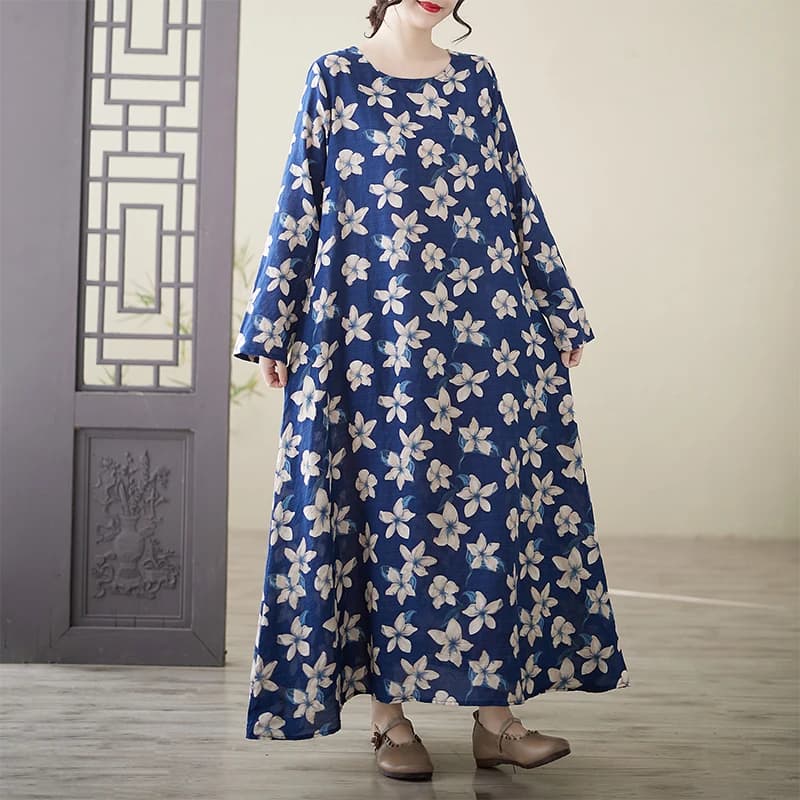 High-End Anti-Aging Spring Cotton Linen Print round Neck Loose plus Size Long Sleeve plus Size Holiday Dress for Women