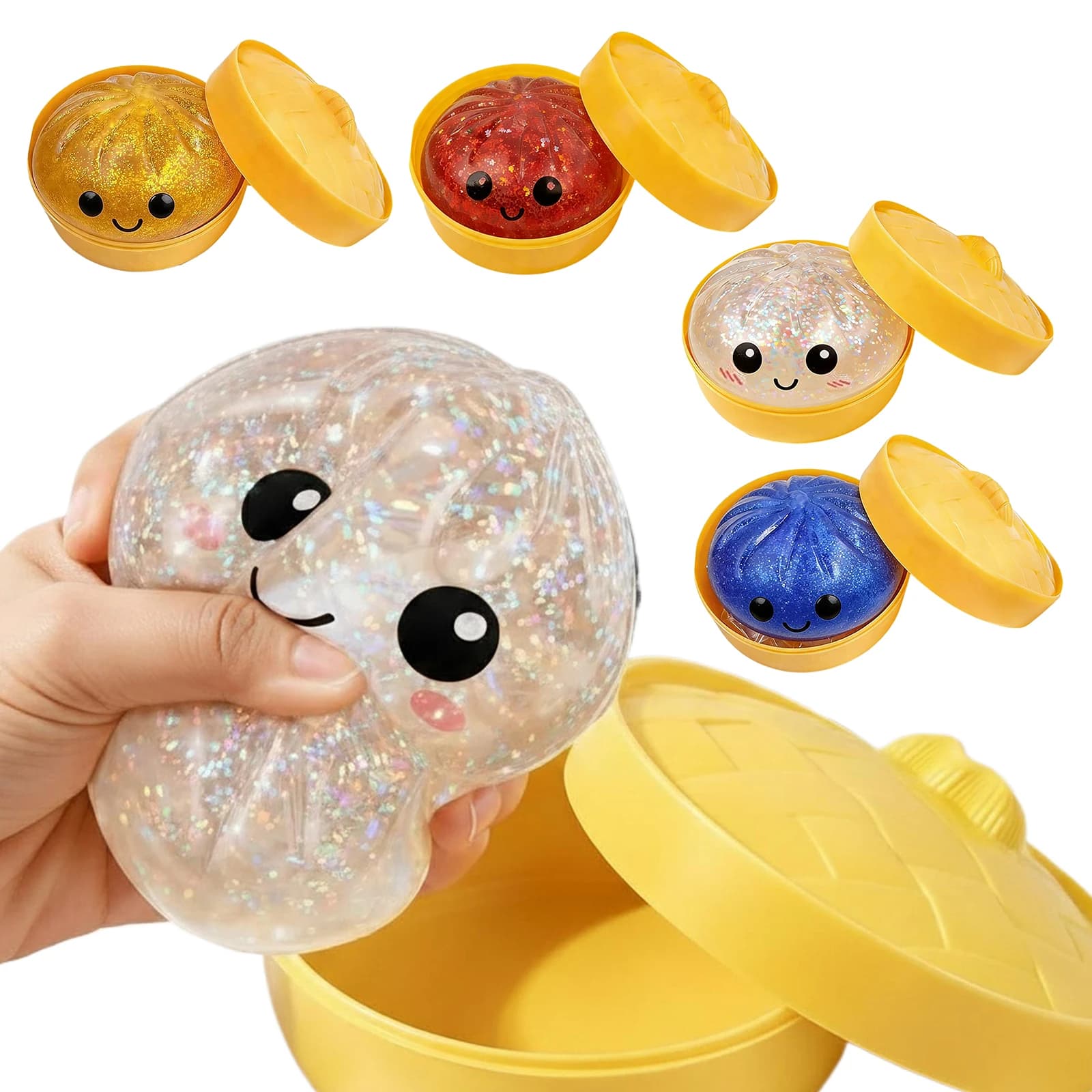 Giocattolo Antistress Elastico a Forma di Panino Glitterato con Simulazione di Raviolo, Morbido Giocattolo da Scrivania Kawaii, Palla di Pasta Spremibile per Feste di Compleanno