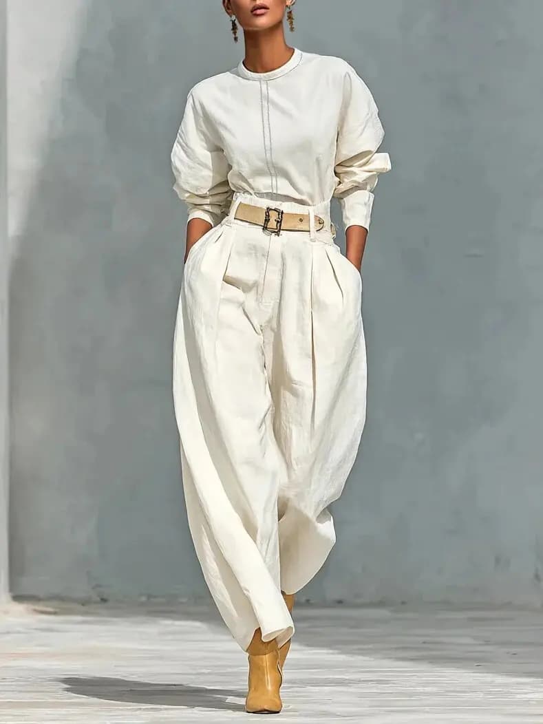 Women Spring Casual 2 Piece Set Woman Elegant O-Neck Top Harem Pants Suit Autumn Solid Loose Vacation Outfit Harajuku With Belt
