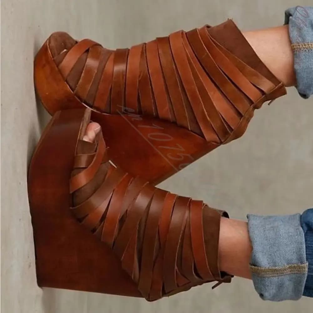 Vintage Western Brown Platform Wedge Sandals Women Hollow Multi Cross Straps Peep Open Toe Rear Zipper Country Festival Heels
