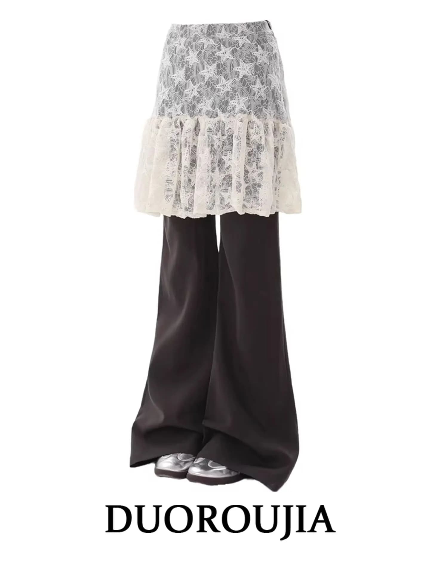 DUOR plus Size American Lace Layering Anti-Aging Cheek Curtain Casual Pants Women Autumn Winter Loose Black Flared Pants