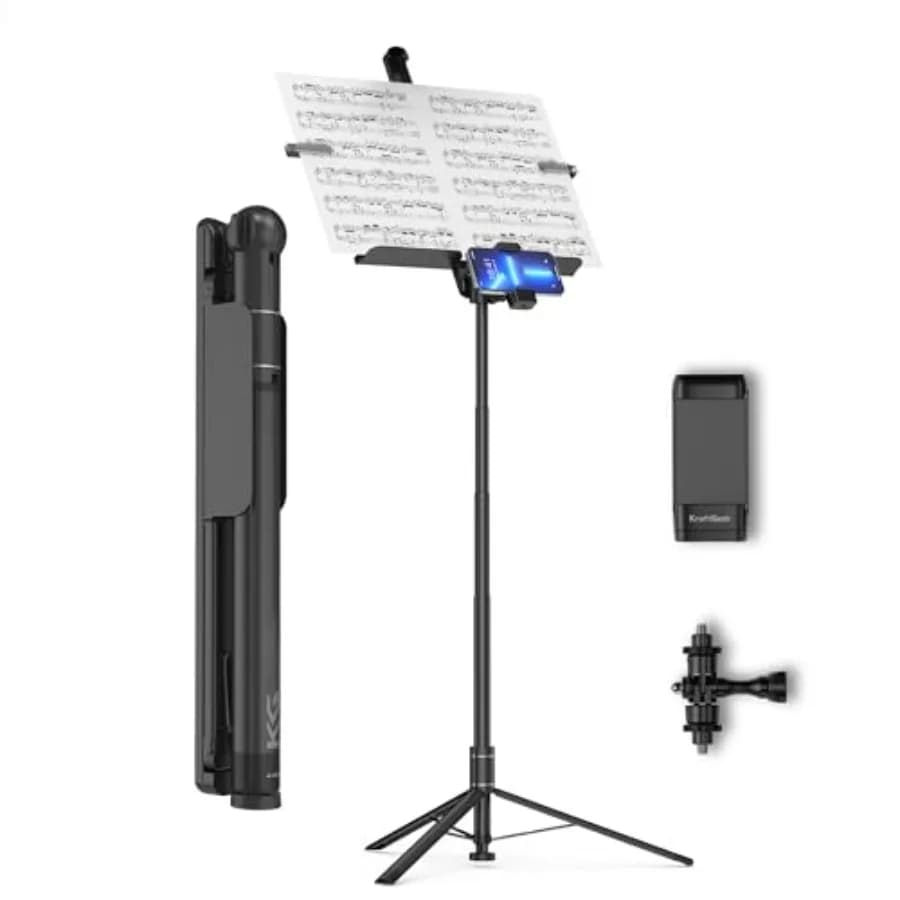 Supporto per spartiti KraftGeek 66 con porta telefono/tablet e adattatore a vite da 1/4, in metallo nero, regolabile in altezza