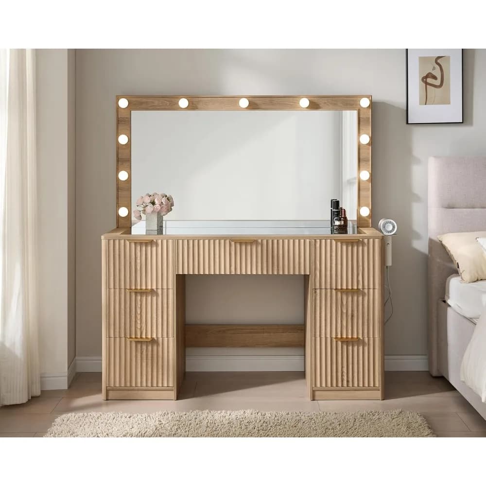 Tavolo da Trucco Scanalato da 120 cm con Grande Specchio e Luci LED Regolabili, 7 Cassetti, Piano in Vetro, Personalizzabile