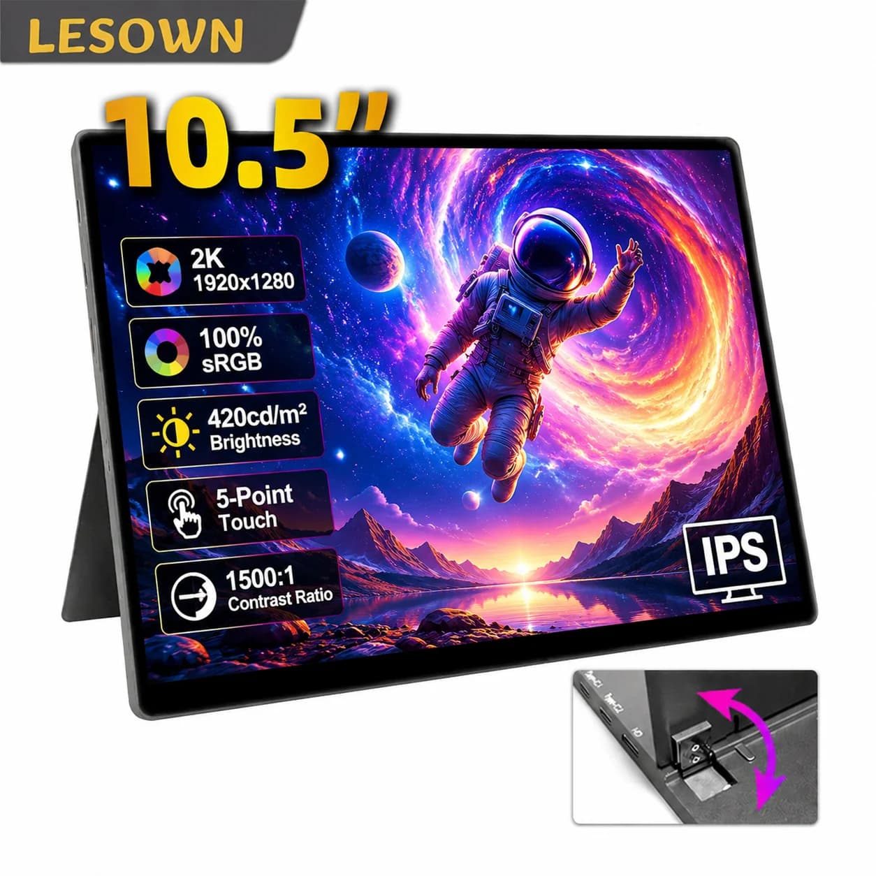 LESOWN 2K 10.5" Portable Touch Monitor 420nits Brightness Driverless Travel Screen with Integrated Stand for Work