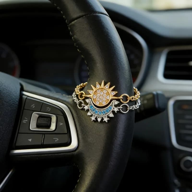 A set of beautiful car interior decoration chains, decorative chains made of shiny stones depicting the sun and the moon, car steering wheel decoration chains, daily decorative bracelets, and home decoration chains.