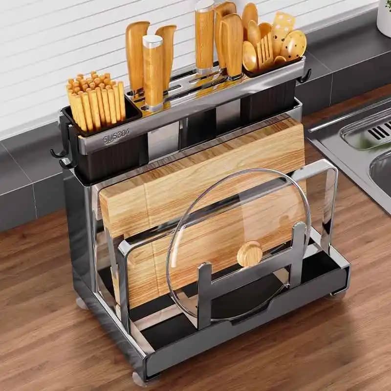 Multifunctional Kitchen Knife Holder 304 Stainless Steel Cutting Board Storage Rack Integrated Metal Storage Organizer