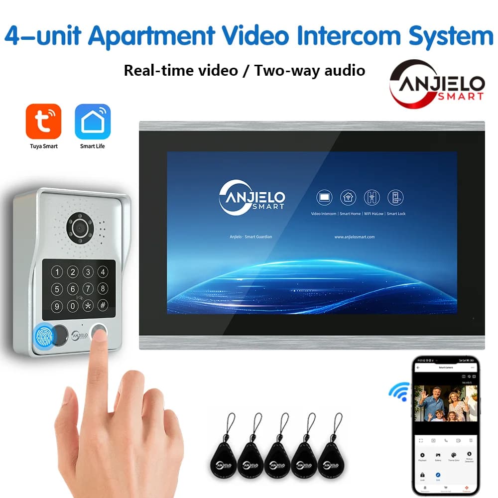 ANJIELO Tuya Videocitofono a 4 Fili 1080P con Sblocco Tramite Scheda IC e Password, Stazione Interna Touchscreen da 7/10.1 Pollici