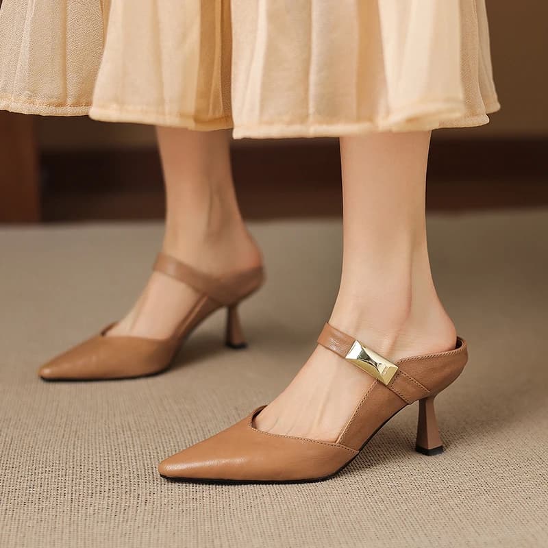 Women's new summer leather sheepskin metal accessories belt buckle high heels and toe caps Mueller shoes fashion slippers