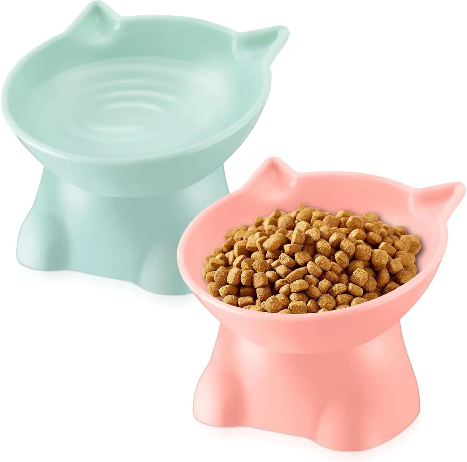 2 Ciotole rialzate per gatti di piccola taglia, piatti rialzati in plastica rosa e verde per cibo e acqua