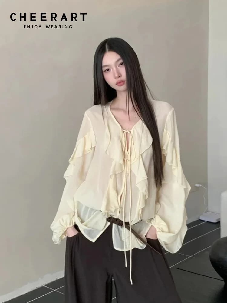 CHEERART Camicetta con volant e scollo a V con cravatta sul davanti per donna Camicette in chiffon con lanterna trasparente a maniche lunghe Moda autunnale 2025 Abbigliamento