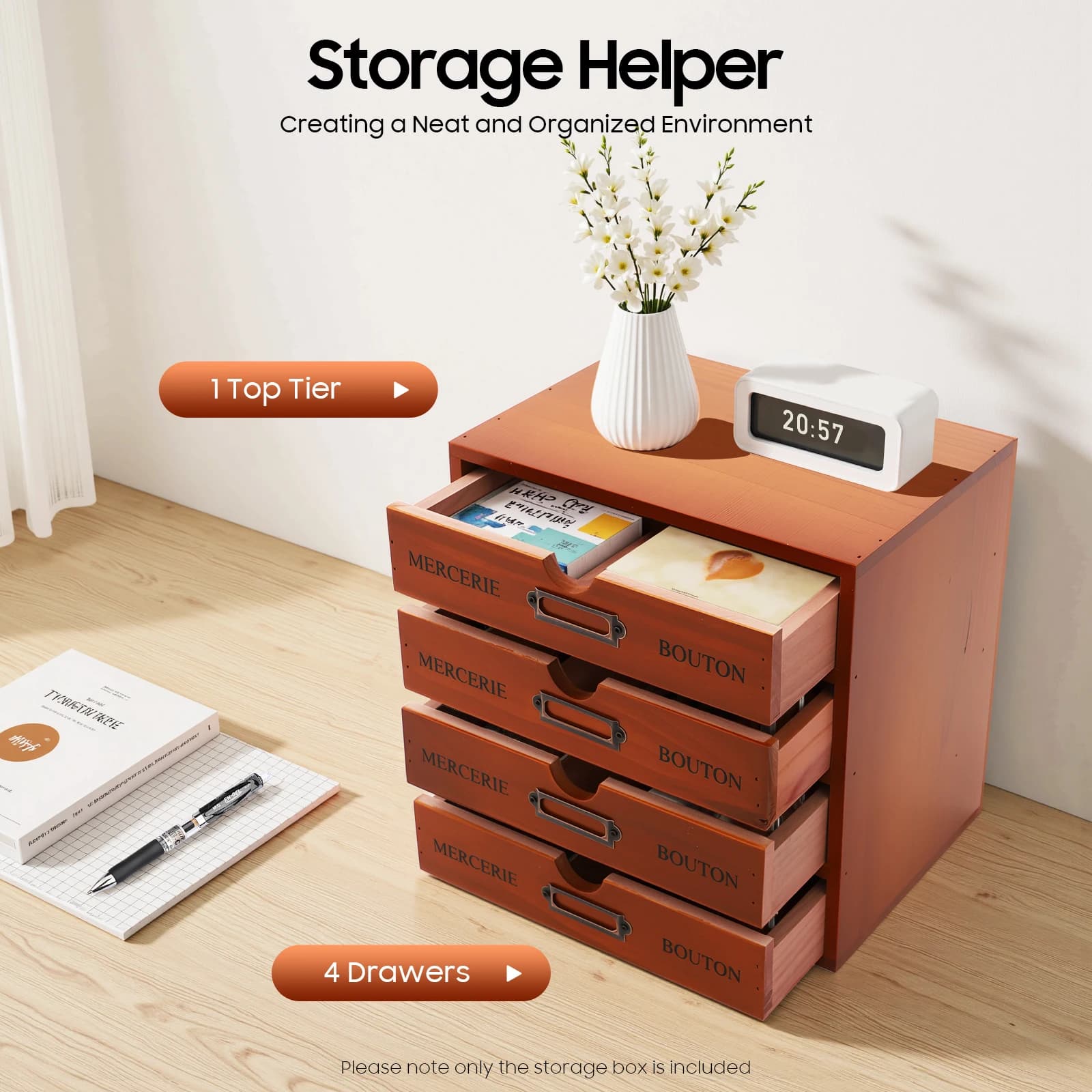4 shelves desk cabinet, antique brown desk organizer, desk container with 4 drawers for living rooms, bedroom
