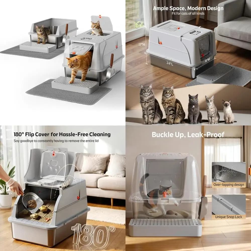 Lettiere per gatti in acciaio inossidabile con coperchi: lettiere semi e completamente chiuse per il controllo degli odori, include paletta e lettiera per gatti