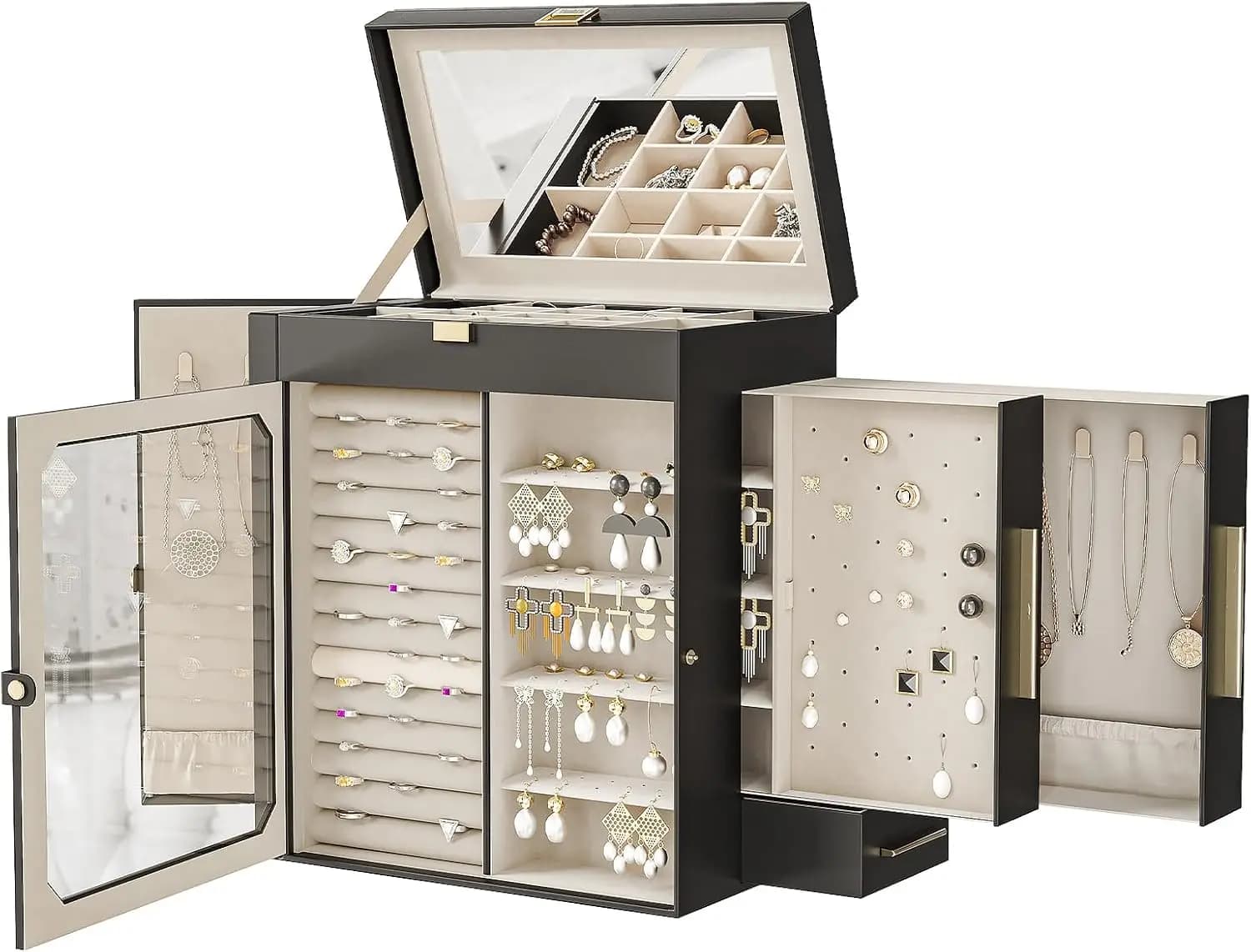 Travel Jewelry Organizer with Mirror, Glass Window for Earrings, Rings, Necklaces, Bracelets, Black Christmas Gift